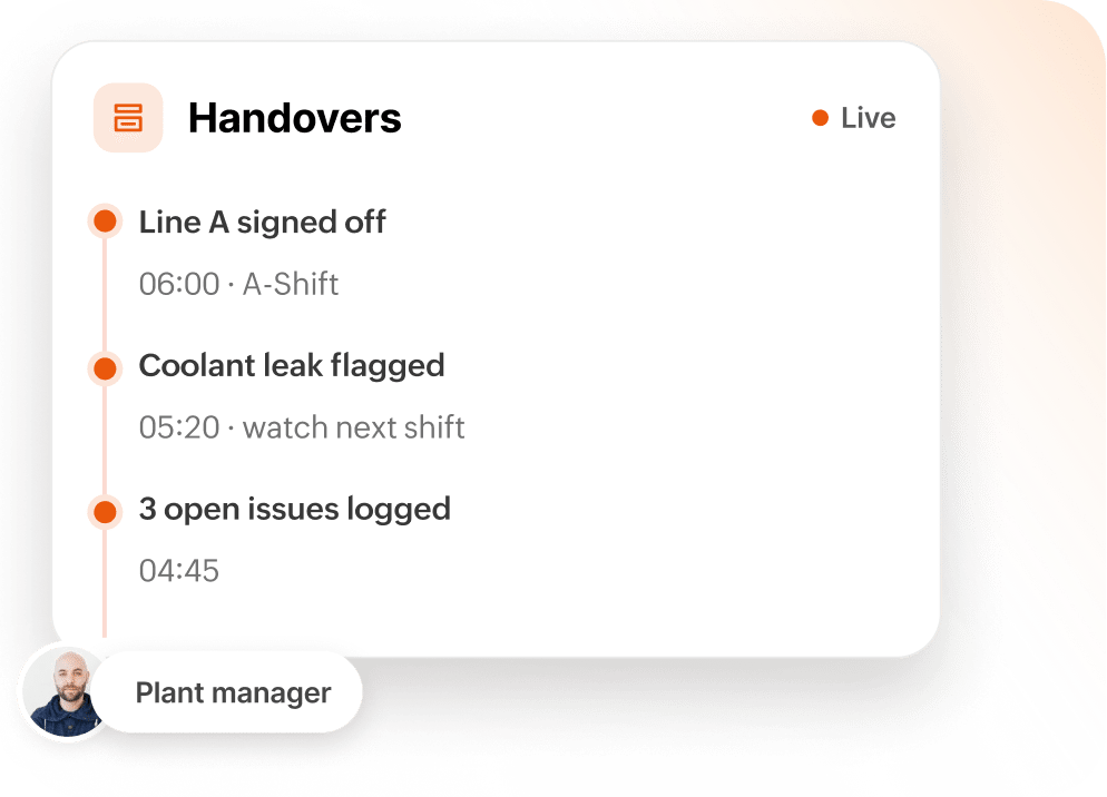 Shift handover log timeline with sign-off, flagged leak, and open issues