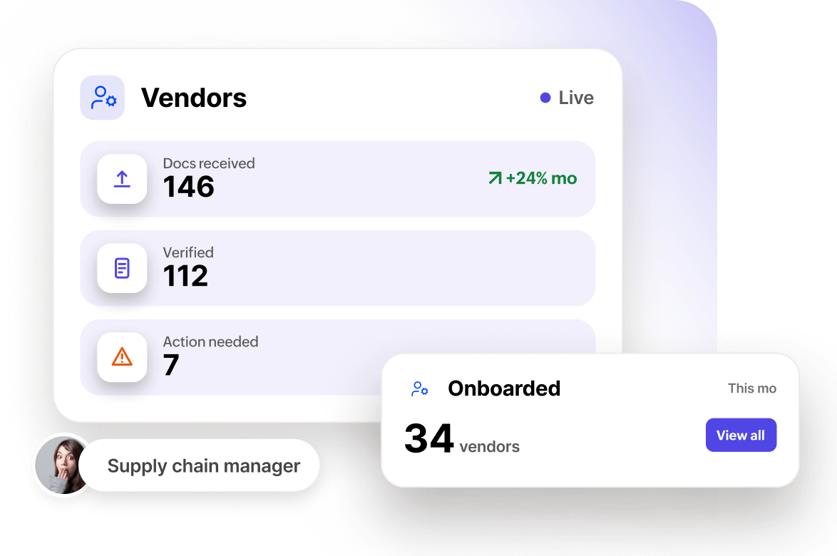 Vendor onboarding dashboard with documents received, verified, and action needed counts
