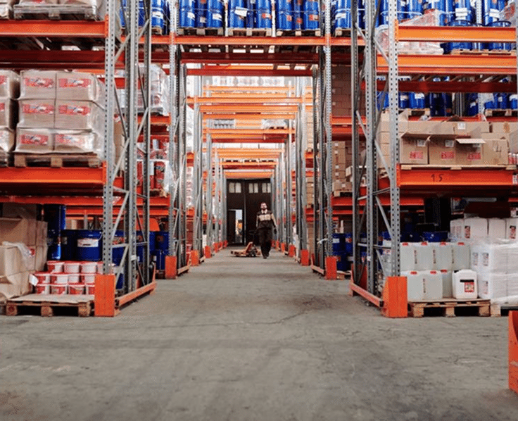Stocked shelves in a logistics warehouse