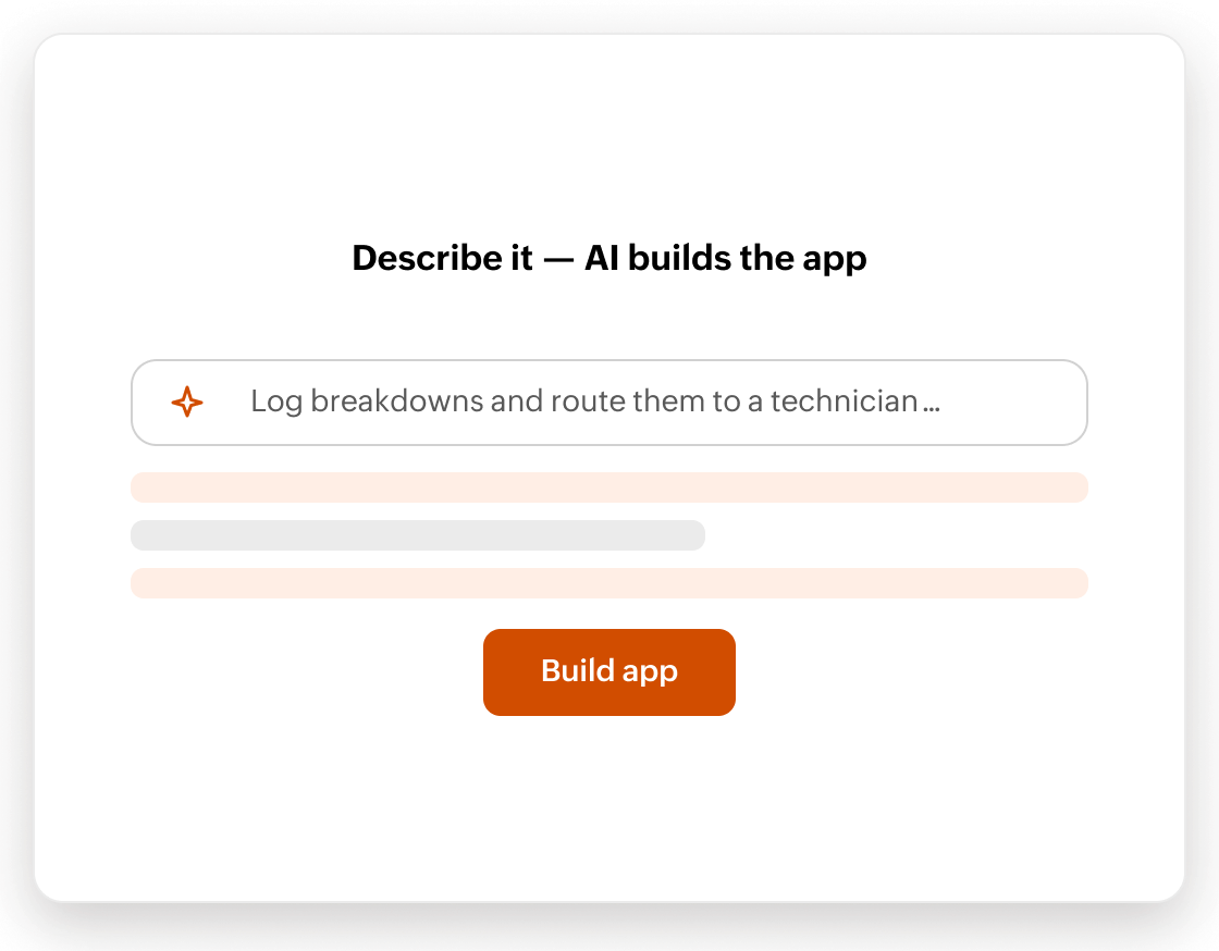 AI app builder panel with a prompt describing breakdown logging and a build app button