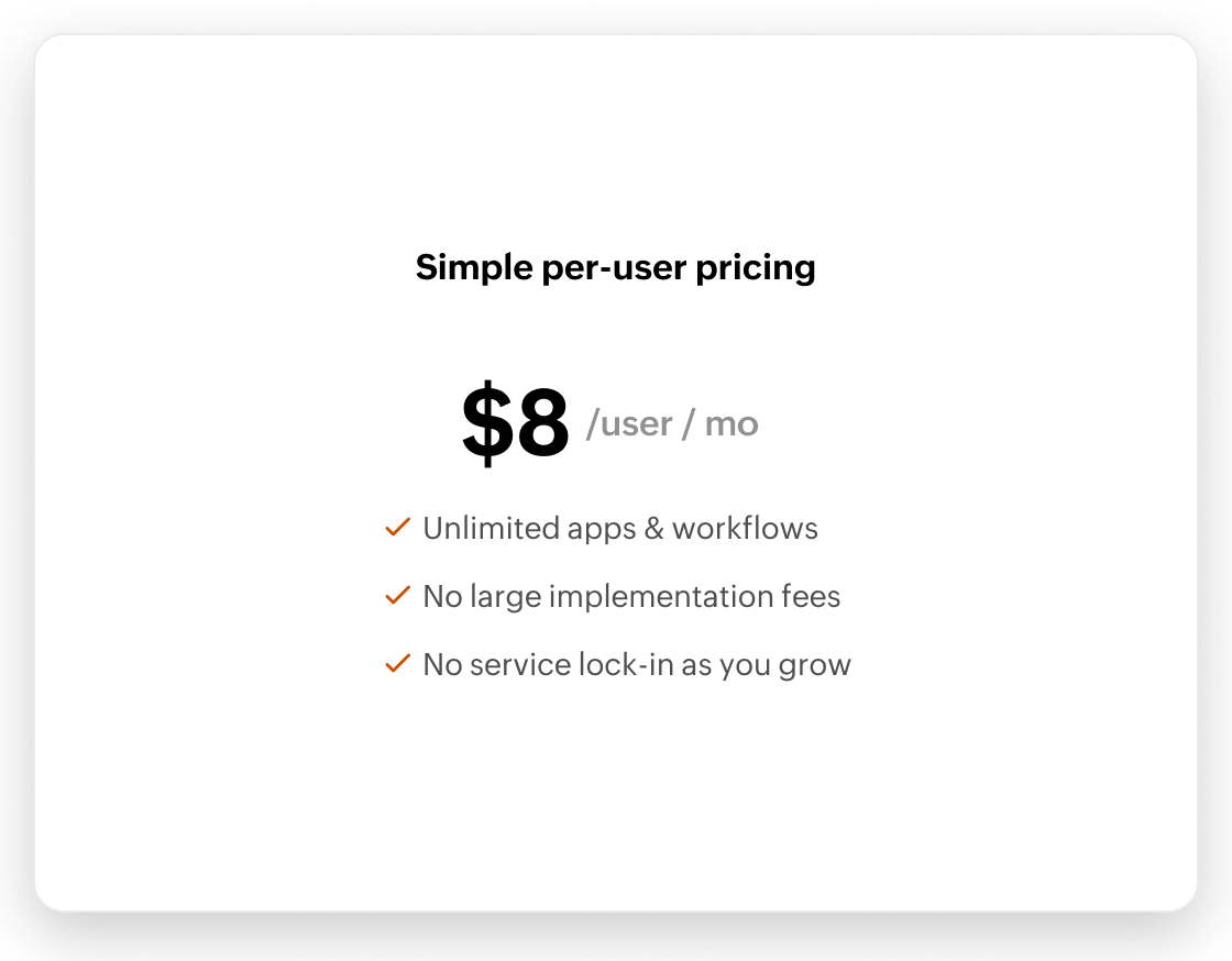 Per-user pricing panel showing eight dollars per user per month with unlimited apps and workflows