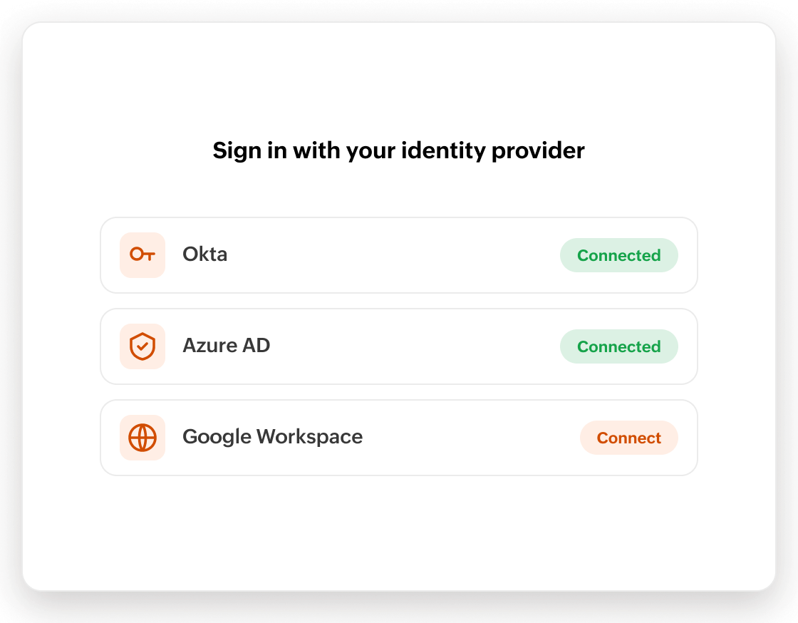 Identity provider sign-in panel with Okta and Azure AD connected and Google Workspace available to connect