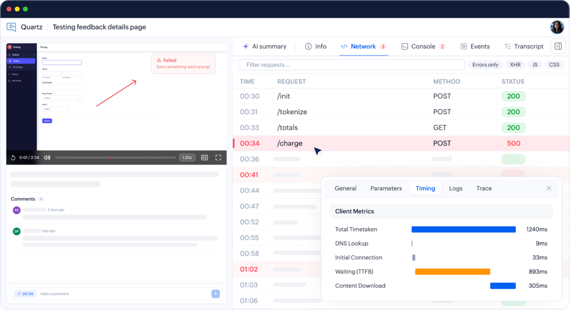 Feedback detail page with network log and client metrics