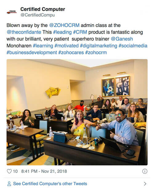 A tweet by the handle, certified computer, on how they were blown away by the Zoho CRM admin class.