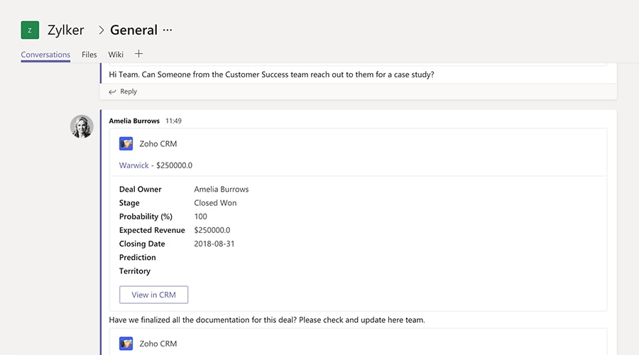 Use Microsoft Team chat to share CRM updates