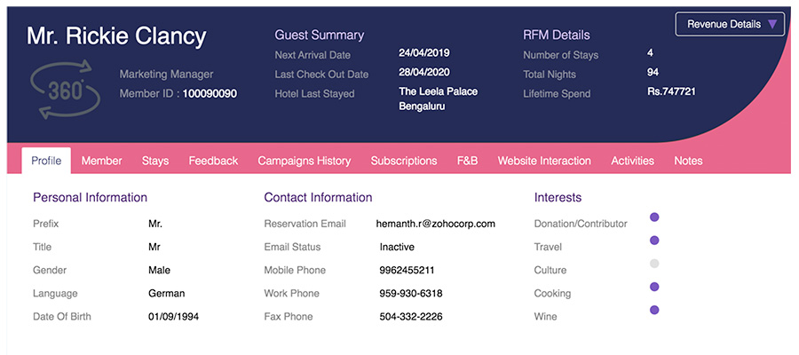 Guest 360, a guest profiling widget in Zoho CRM for hotel businesses.