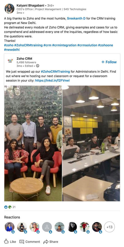 A Linkedin post by Kalyani Bhagabani thanking Zoho and the trainer Sreekanth for the in-depth Zoho CRM training session in New Delhi.