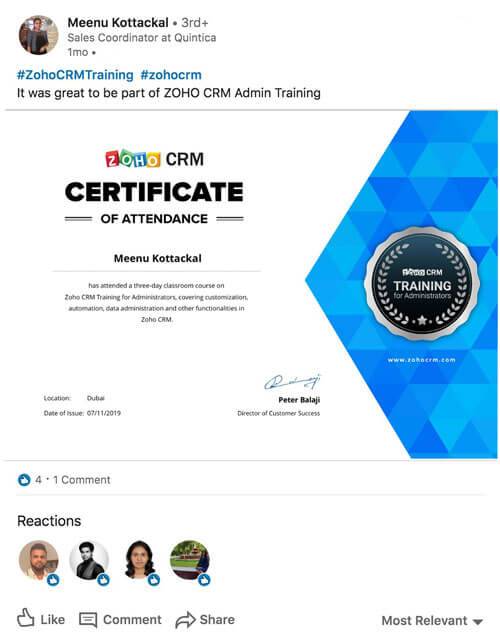 A Linkedin post by Meenu Kottackal of the certificate of attendance she got for attending the Zoho CRM classroom training program, which she describes as a great experience.