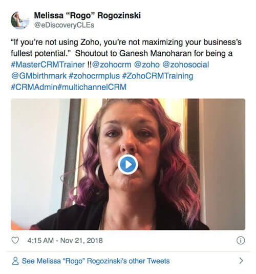 A tweet by Melissa Rogozinski that says If you’re not using Zoho, you’re not maximizing your business’s fullest potential