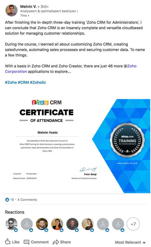 A Linkedin post by Melvin about the depth of the Zoho CRM admin training program and how he finds Zoho CRM insanely complete and versatile.