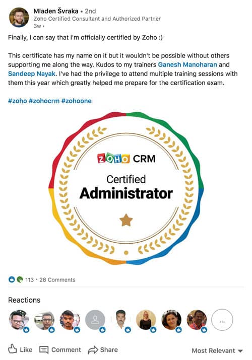 A Linkedin post by Mladen Svarka after getting officially certified by Zoho CRM as an Administrator. He thanks his trainers for the multiple training sessions.