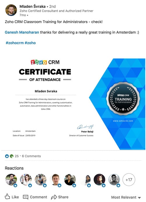 A Linkedin post by Mladen Svarka of the certificate of attendance he got after the 3 day Zoho CRM training in Amsterdam