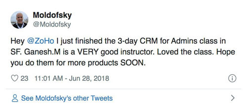 A tweet by Moldofsky on the 3-day CRM for Admins class in SF, and how it had a very good instructor and how he loved the class.