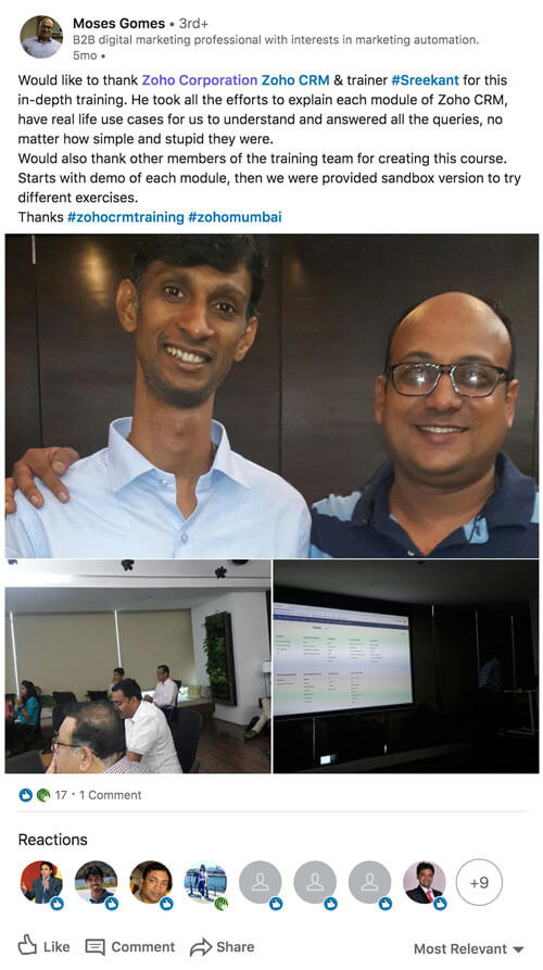 A Linkedin post by Moses Gomes thanking Zoho, the trainer Sreekanth, and the members of the Zoho CRM training team for the in-depth training session in New Delhi.