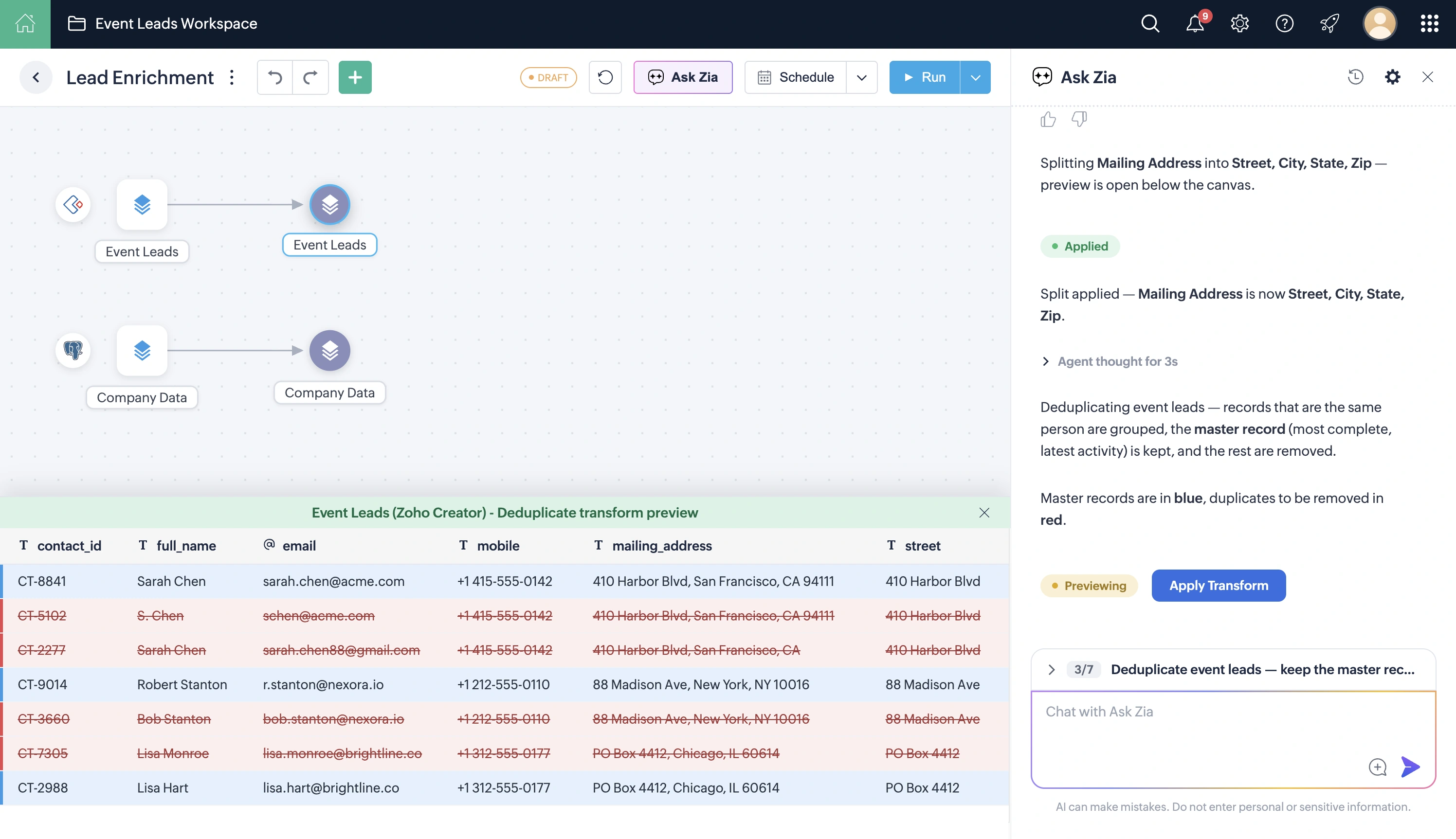 Ask Zia deduplicate preview with kept event leads in blue and removed duplicates in red