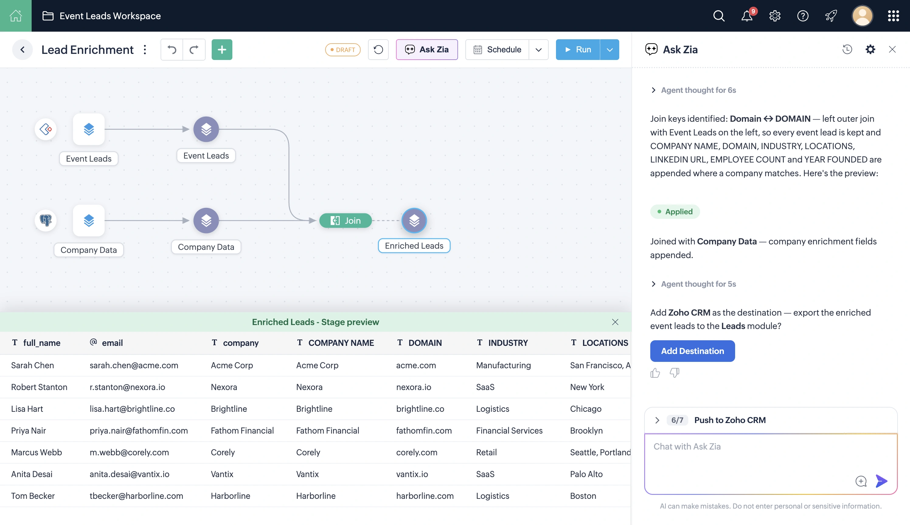 Ask Zia proposes sending the enriched event leads to the Zoho CRM Leads module and waits for approval