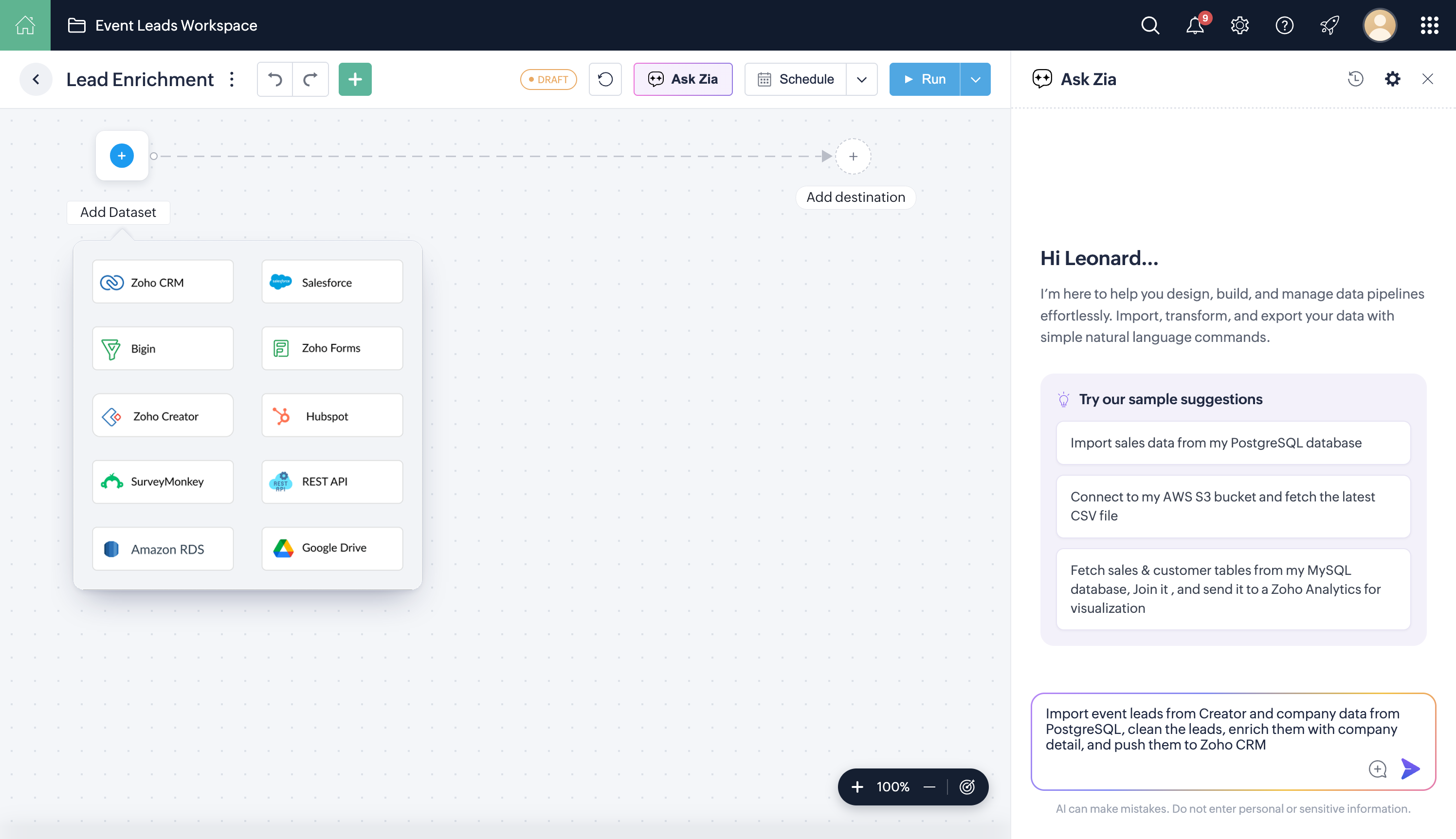 Typing a goal into Ask Zia: import event leads from Zoho Creator and company data from PostgreSQL, enrich them and push them to Zoho CRM