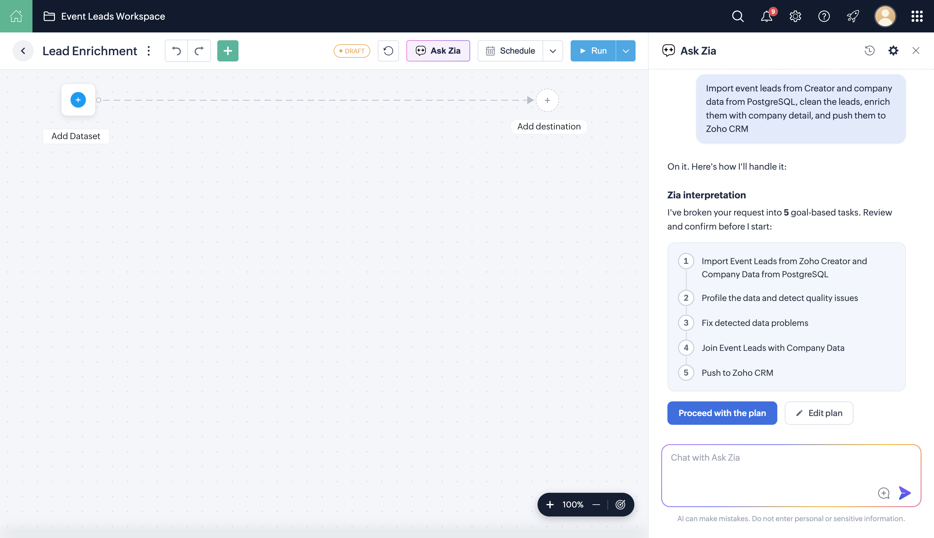 Ask Zia turns the goal into a five-task pipeline plan to review
