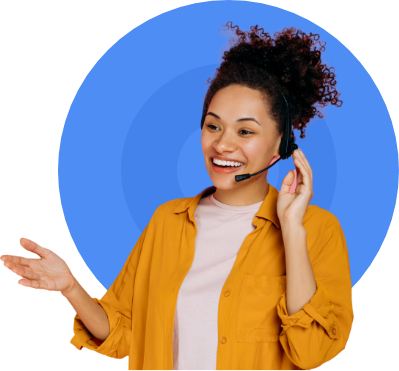 A visibly happy sales person speaking to a customer over an online call