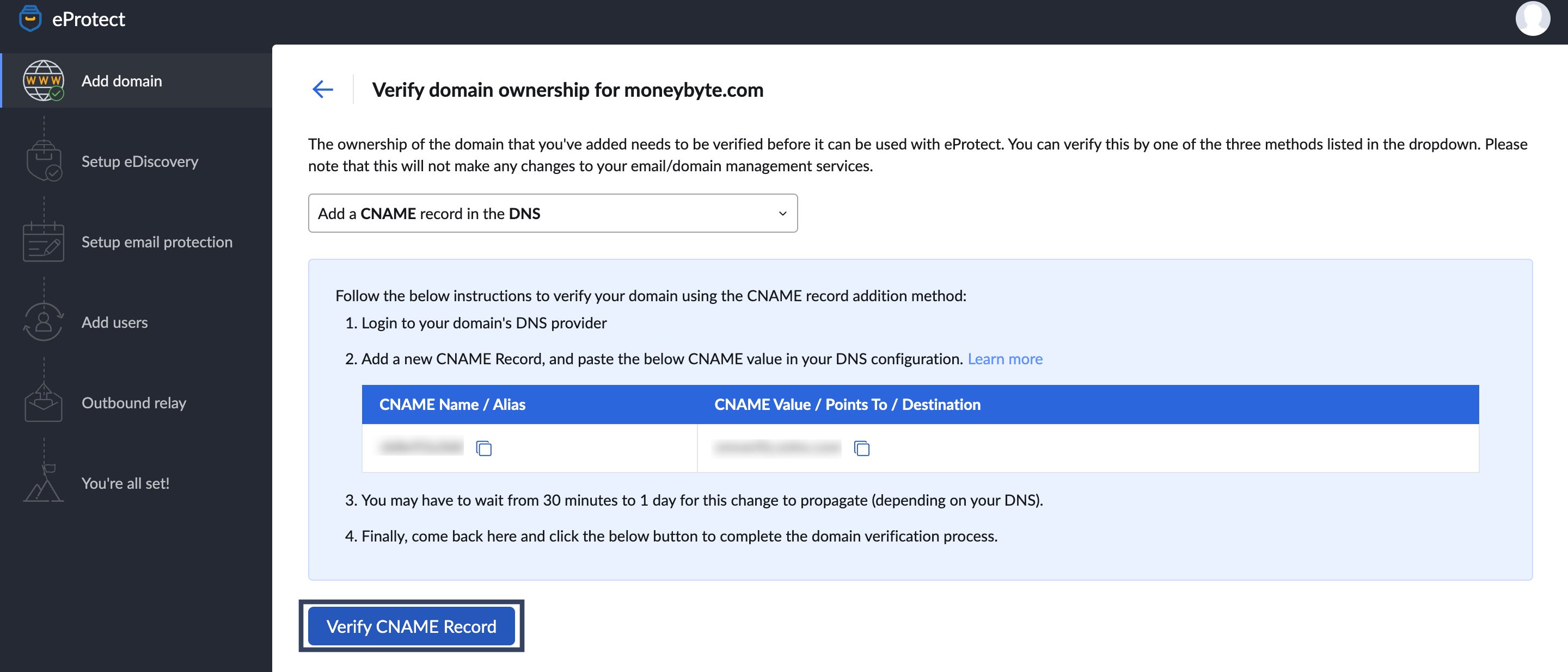 Zoho eProtect CNAME method of domain addition verify using CNAME method