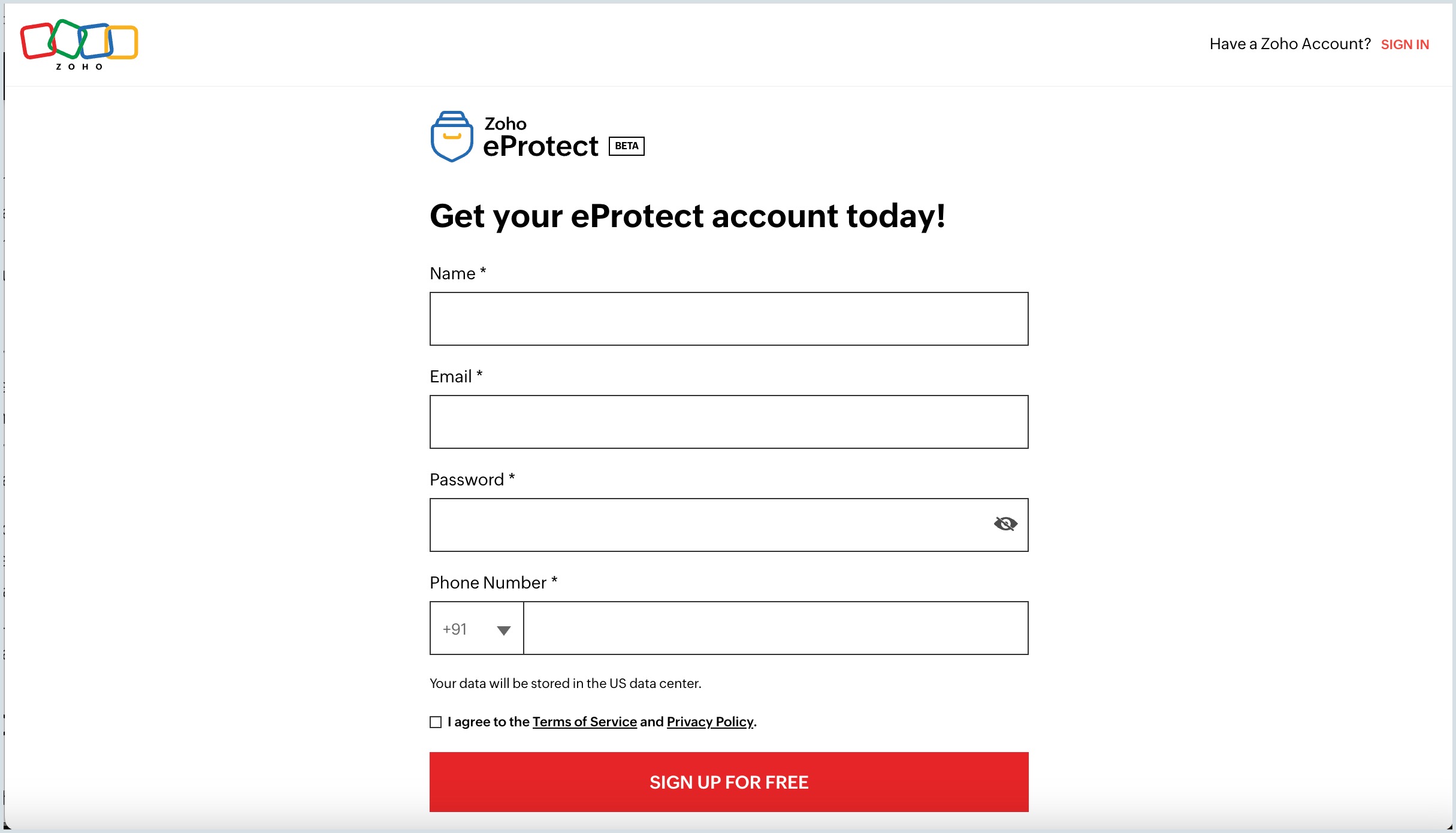 Sign up with Zoho eProtect Sign up with Zoho eProtect