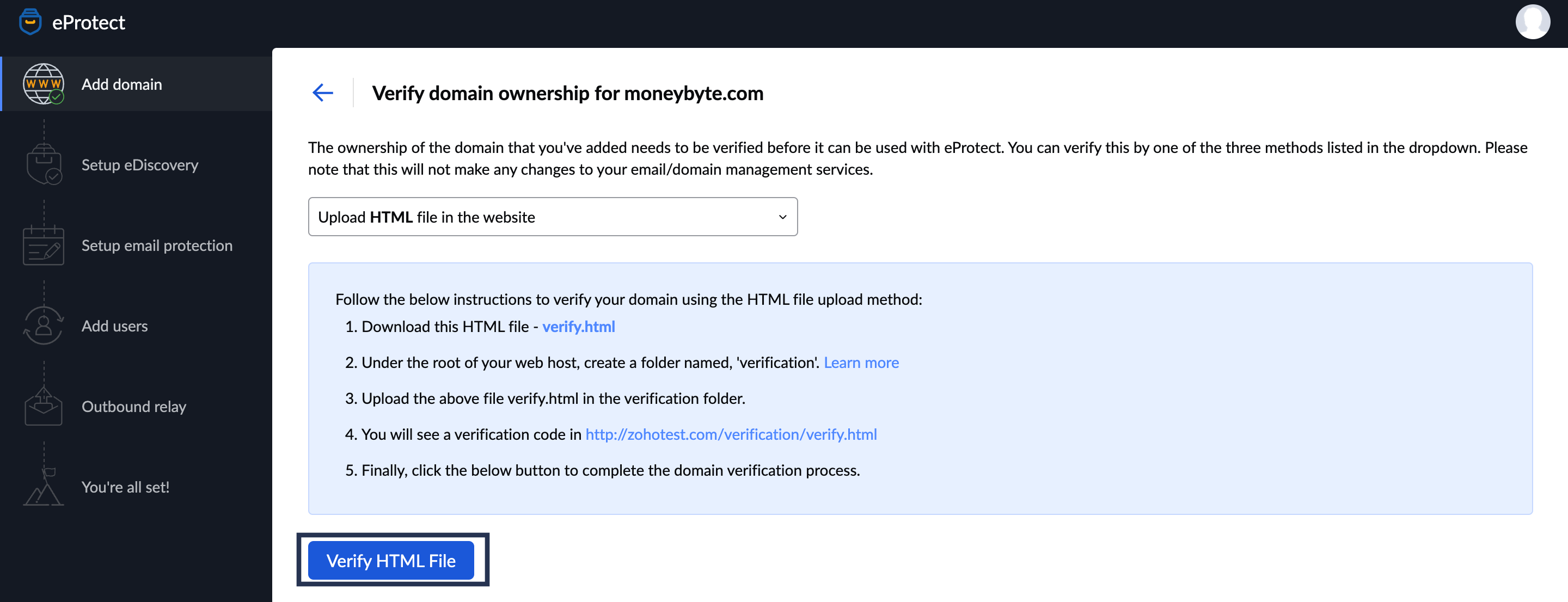 Zoho eProtect HTML method of domain addition HTML method verification
