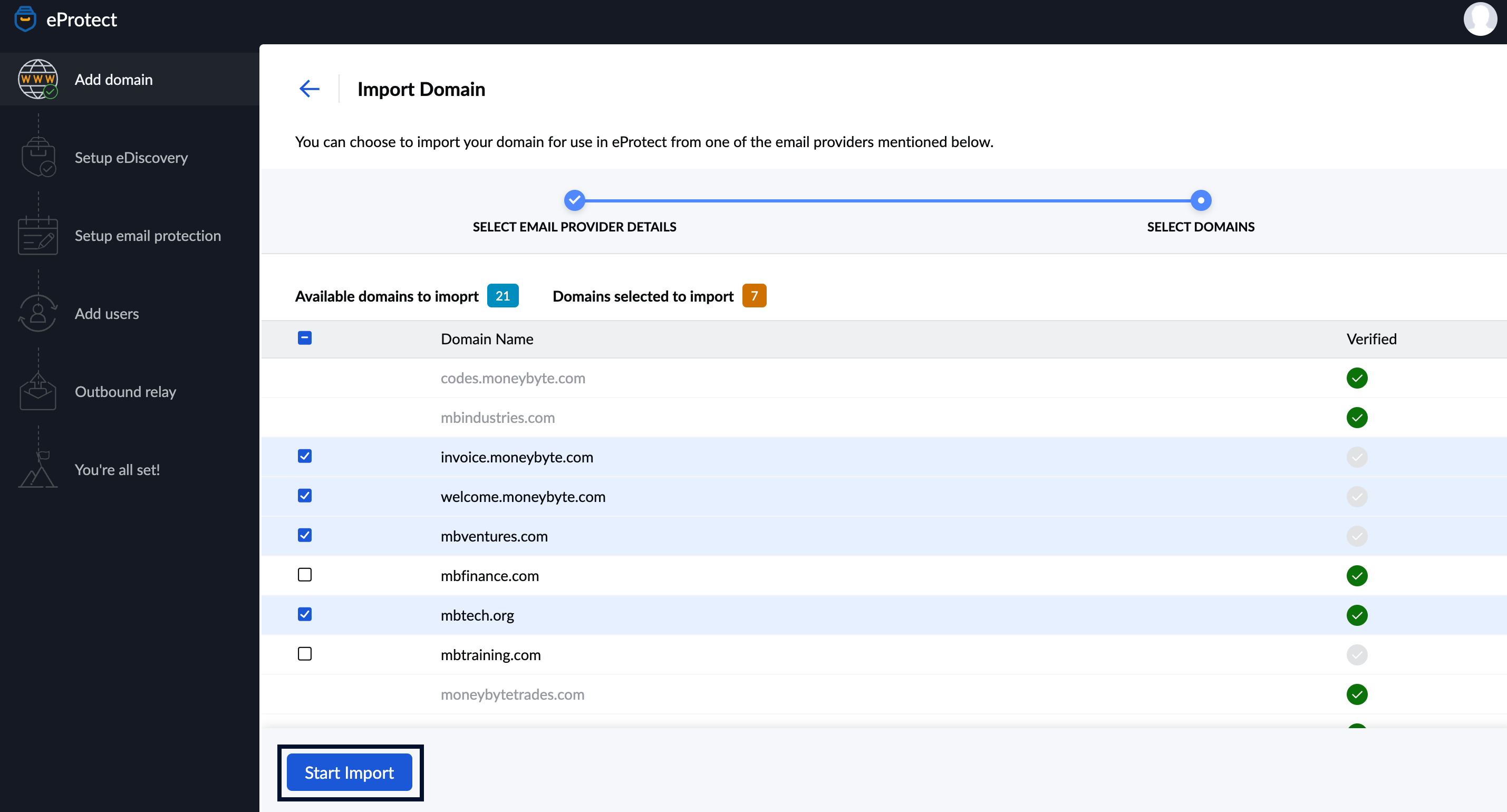 Select Domains to Import Select Domains to Import
