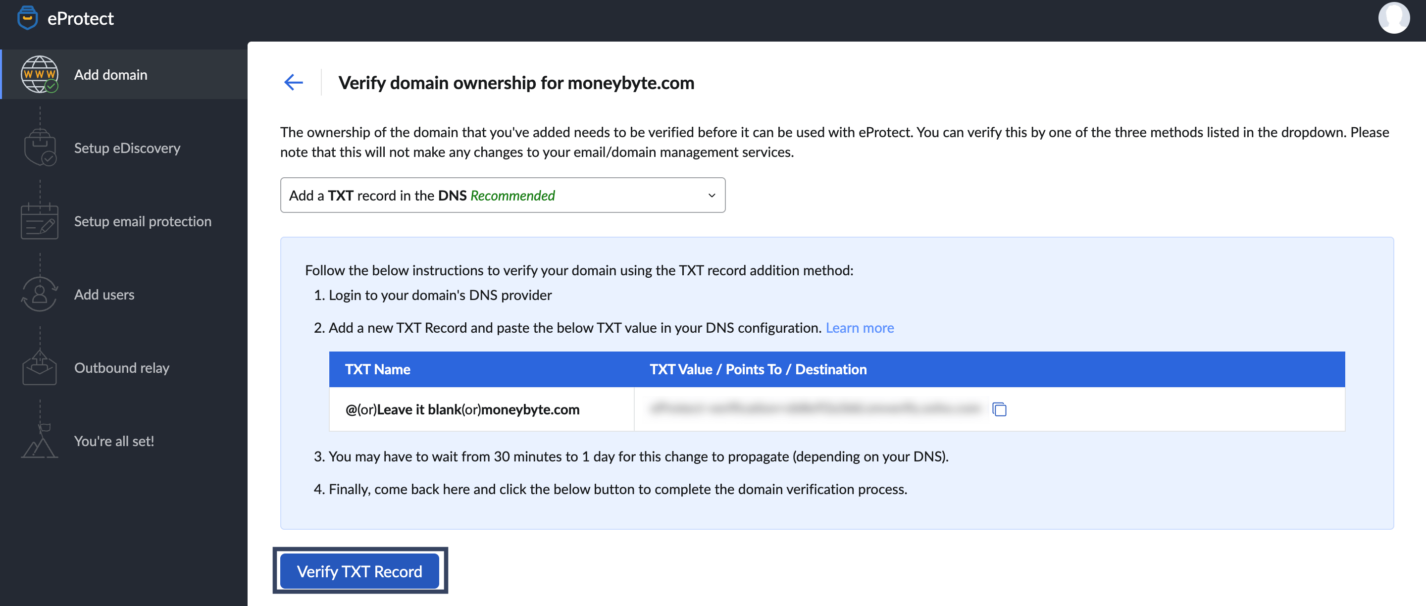 Zoho eProtect txt method verification txt record verification