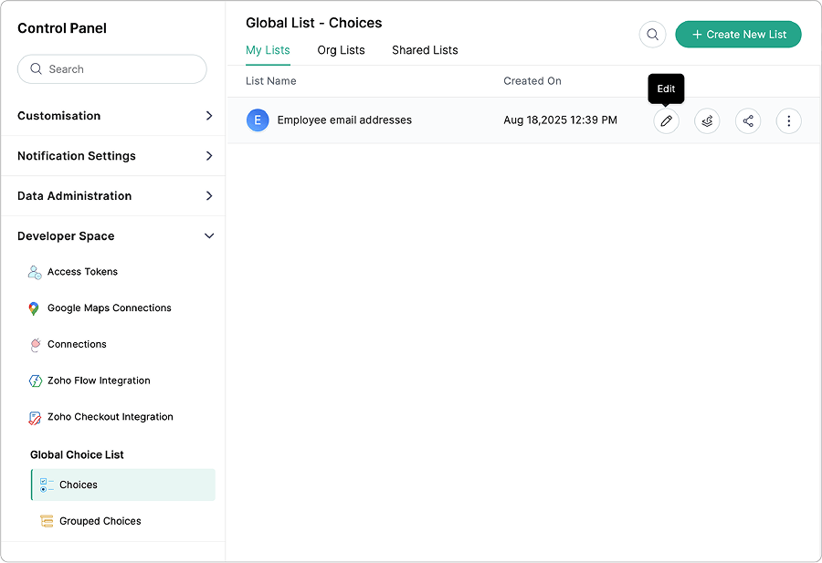 Global Choice List in Zoho Forms