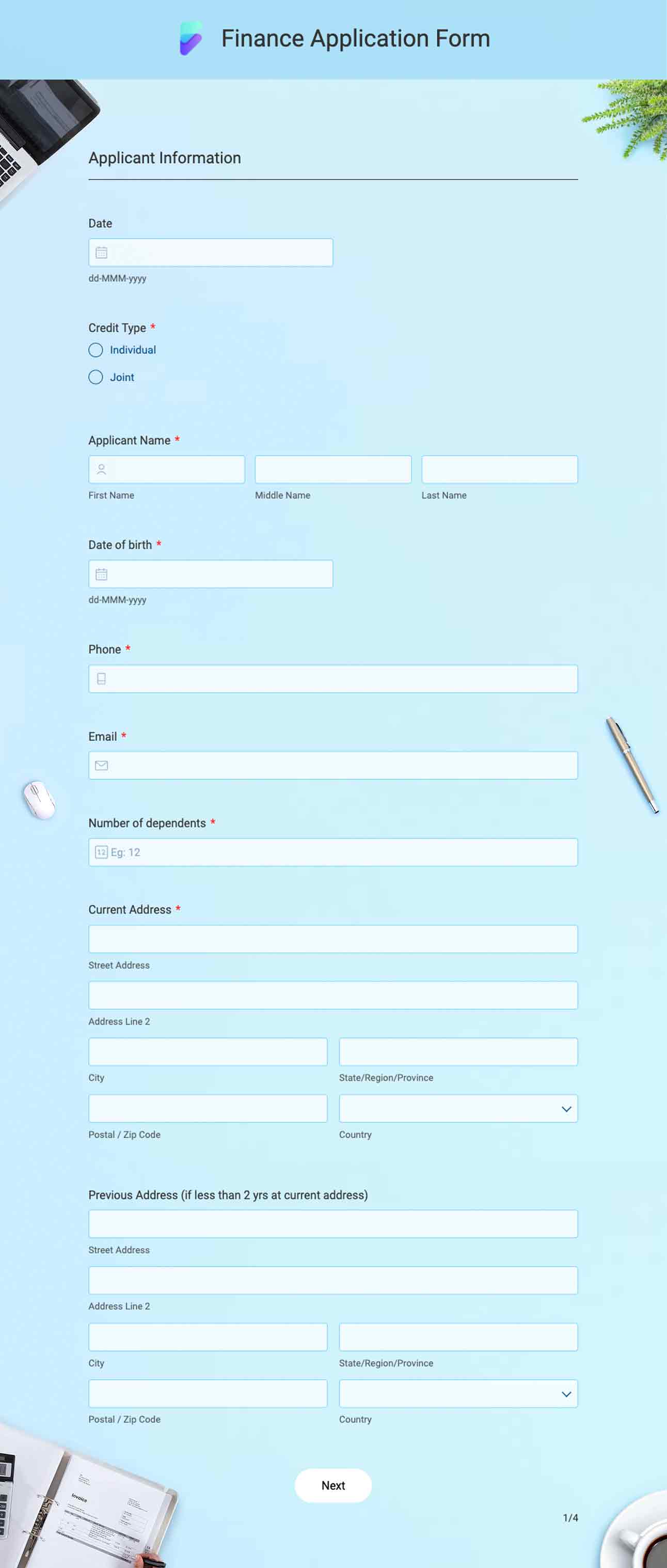 Finance application form