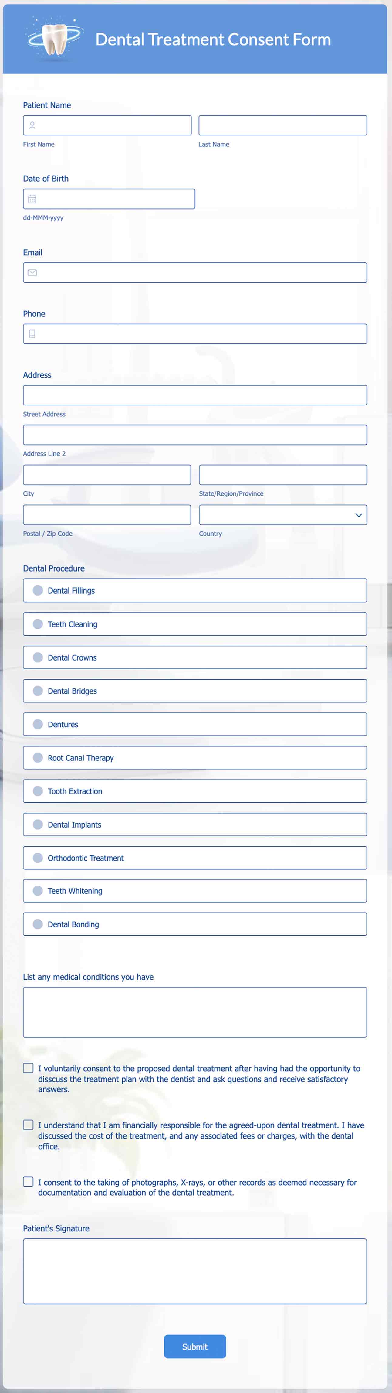 Dental treatment consent form