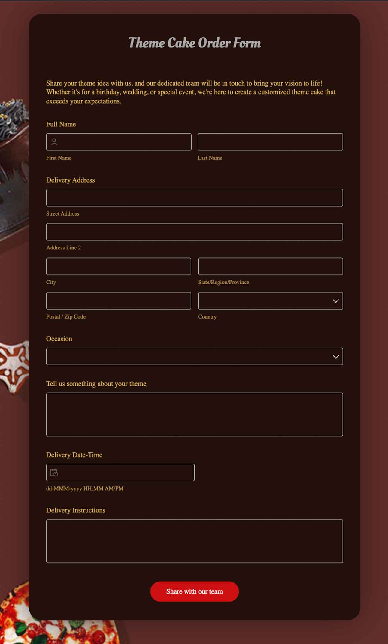 theme cake order forms