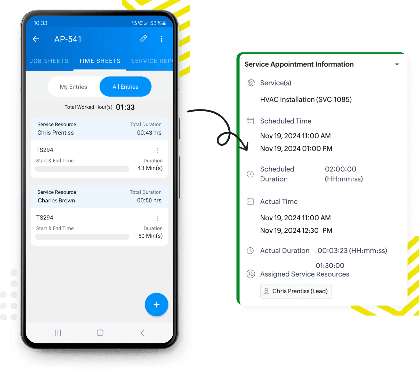 Simplify time tracking with Zoho FSM’s easy-to-use timesheets