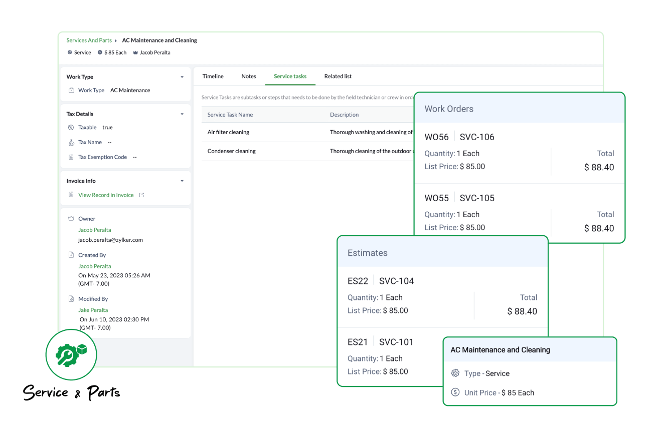 Manage services and parts