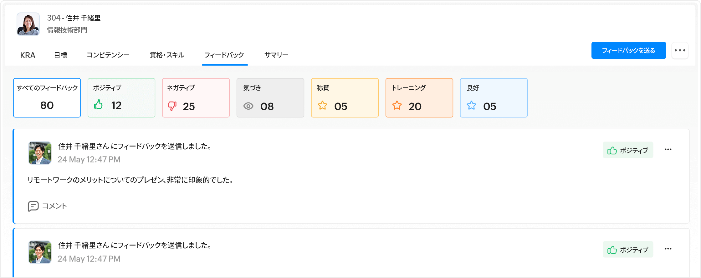 Zoho People の従業員フィードバックダッシュボード