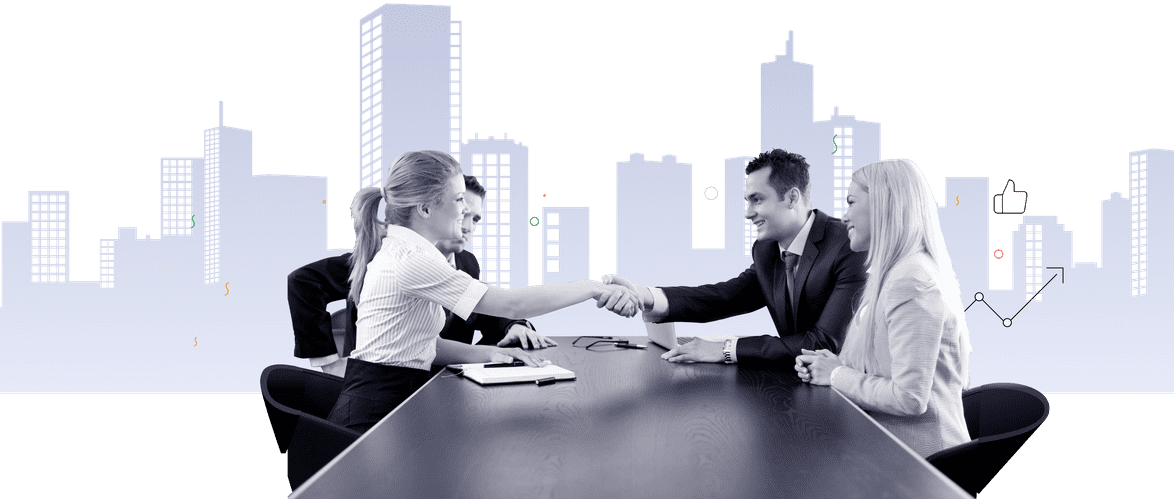 Business teams shaking hands in front of a city skyline background.