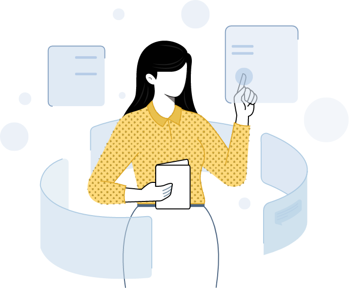 Illustration of a woman interacting with floating digital interface elements.