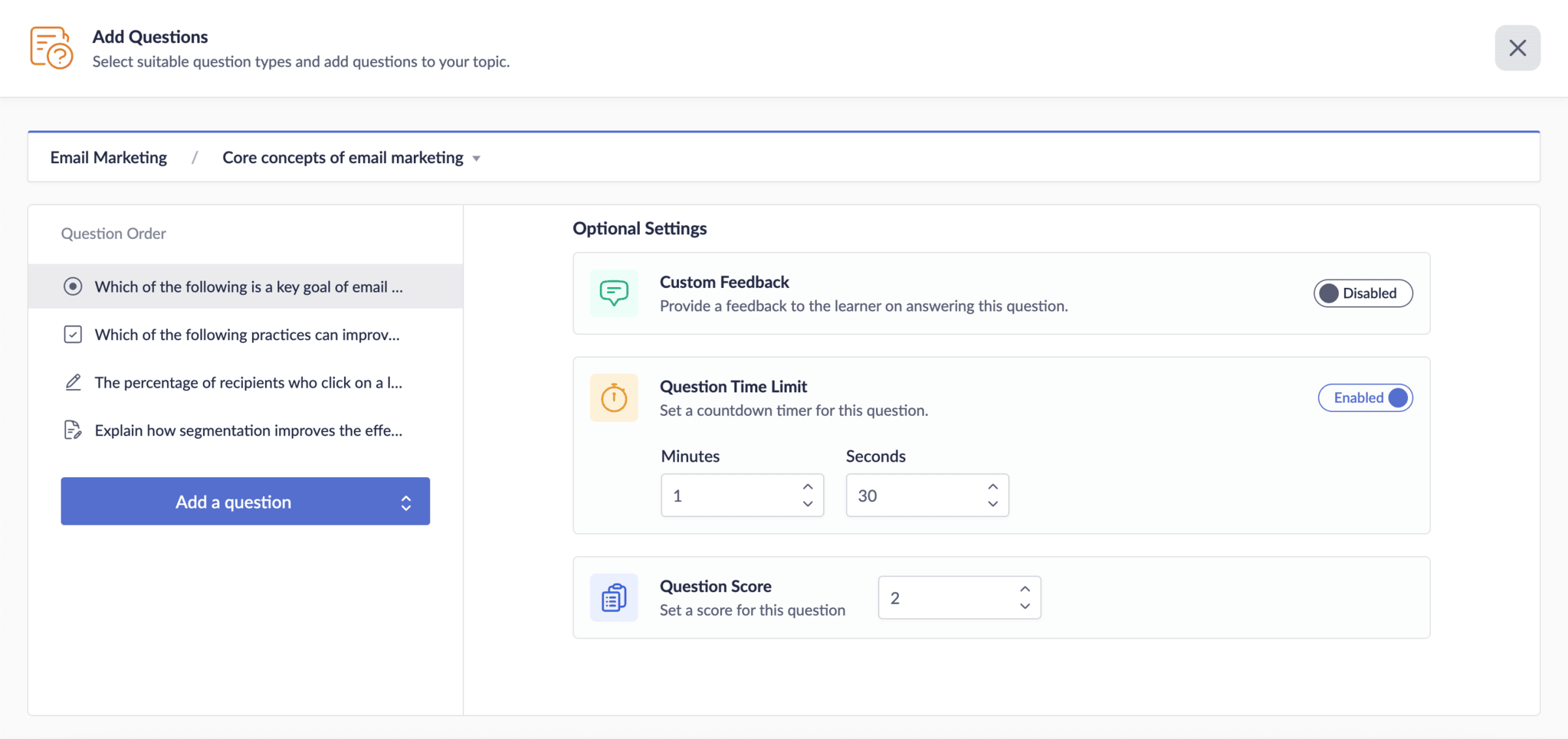 Question guidelines configuration for quizzes in Zoho Learn