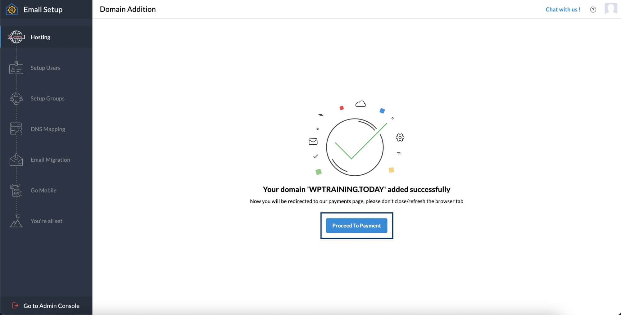 ドメインが正常に追加されました。 ドメインが正常に追加されました。