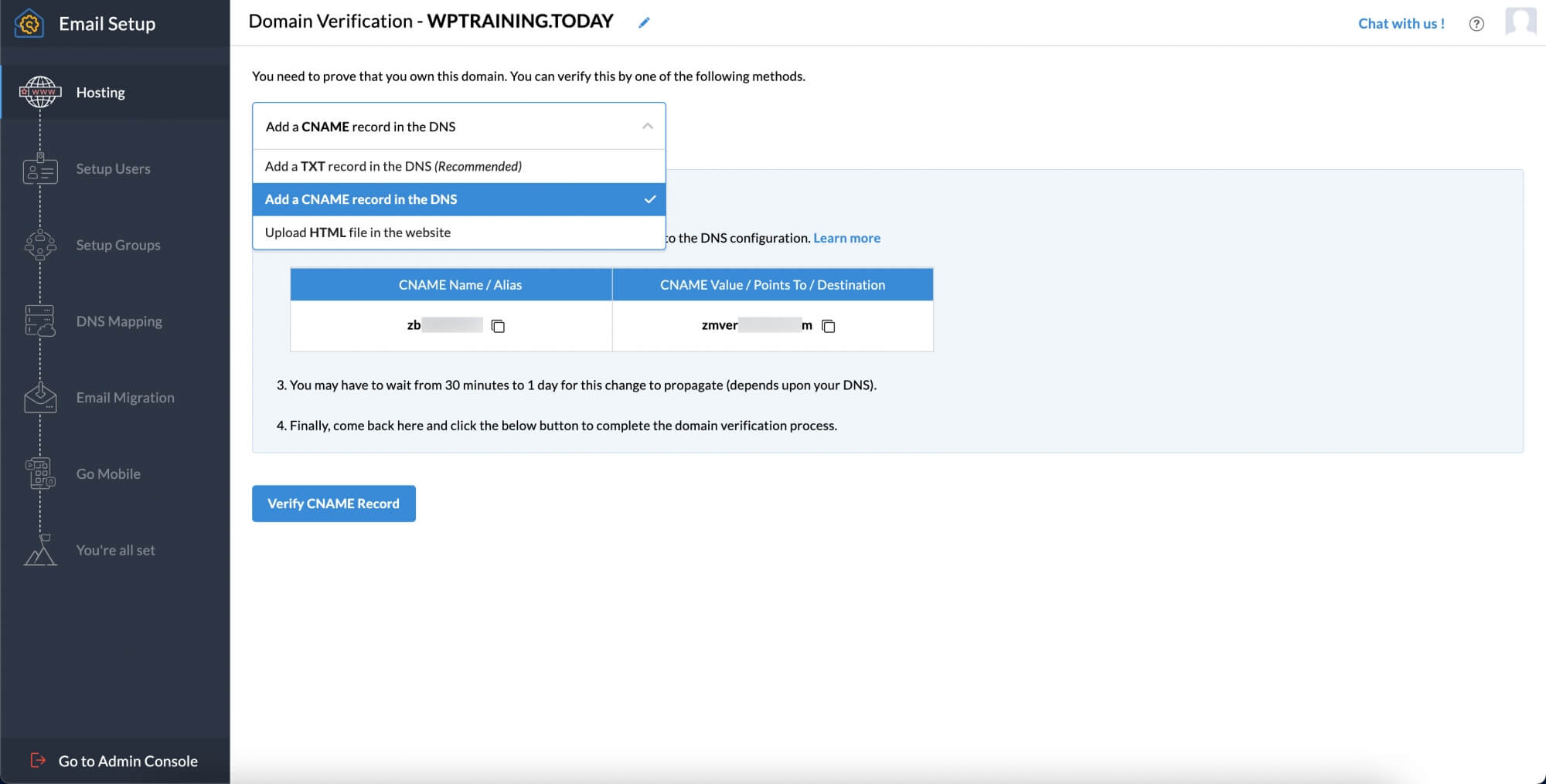 Select the CNAME method Select the CNAME method