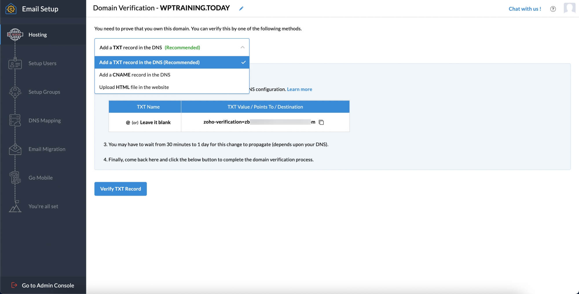 Select the TXT method Select the TXT method