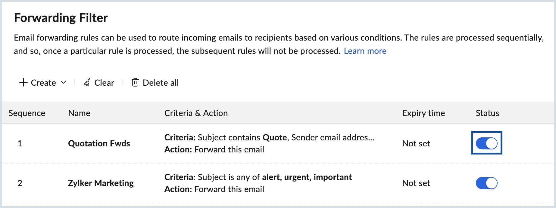 enable email forwarding rule