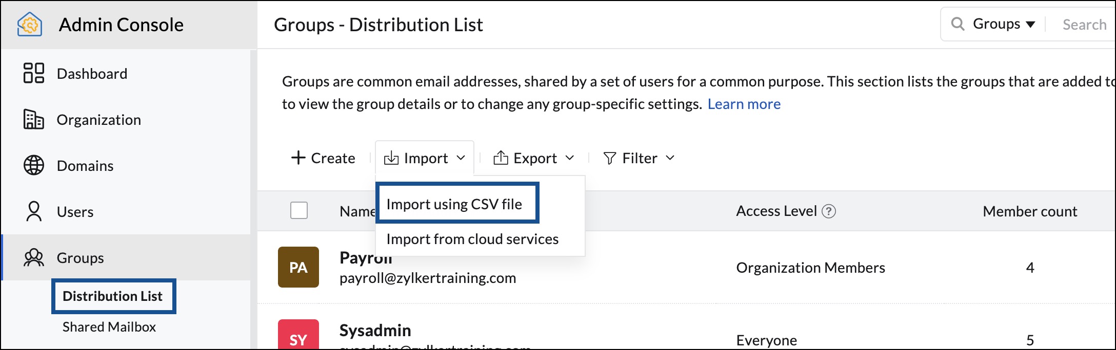 import groups using CSV