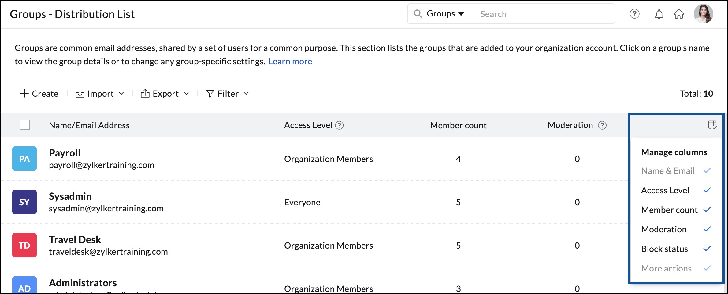 manage group column views