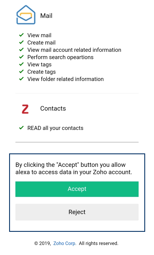 承認してAlexaからZohoアカウントデータへのアクセスを許可する