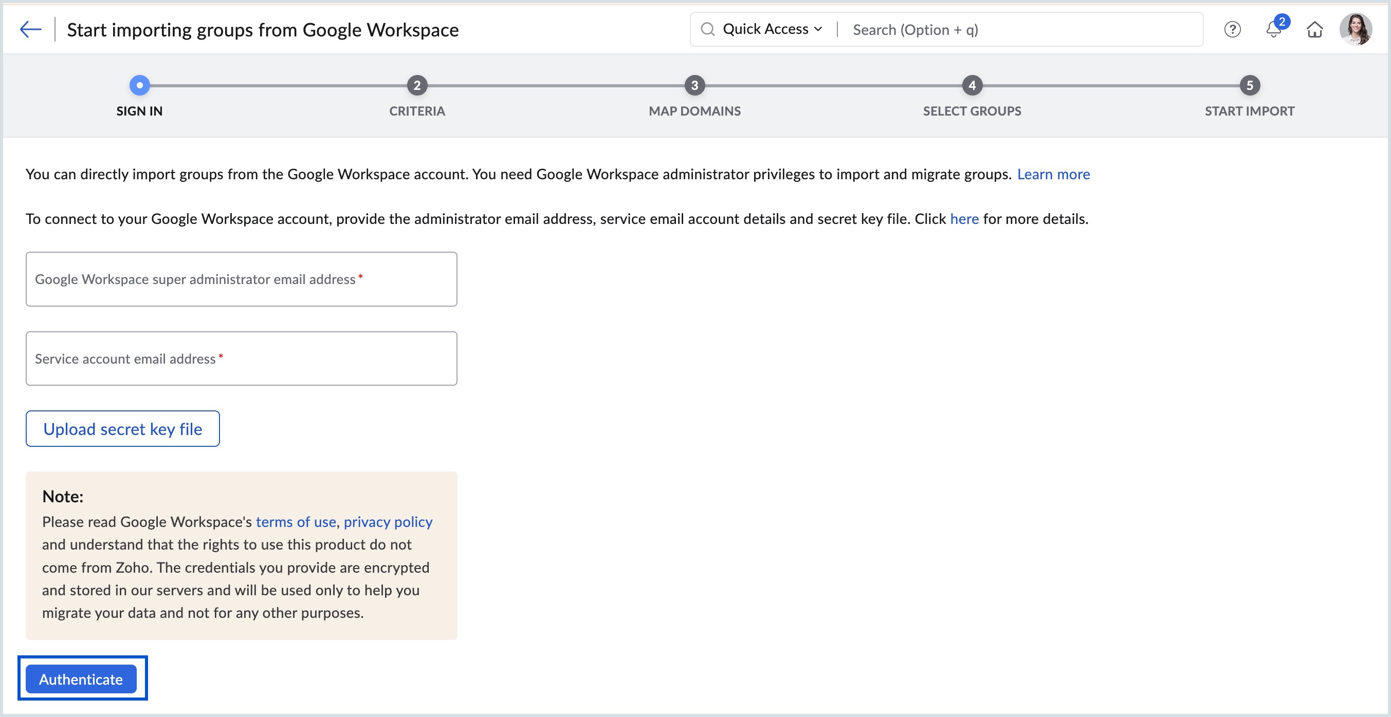 Google Workspace authentication authenticate Google Workspace account with Zoho Mail