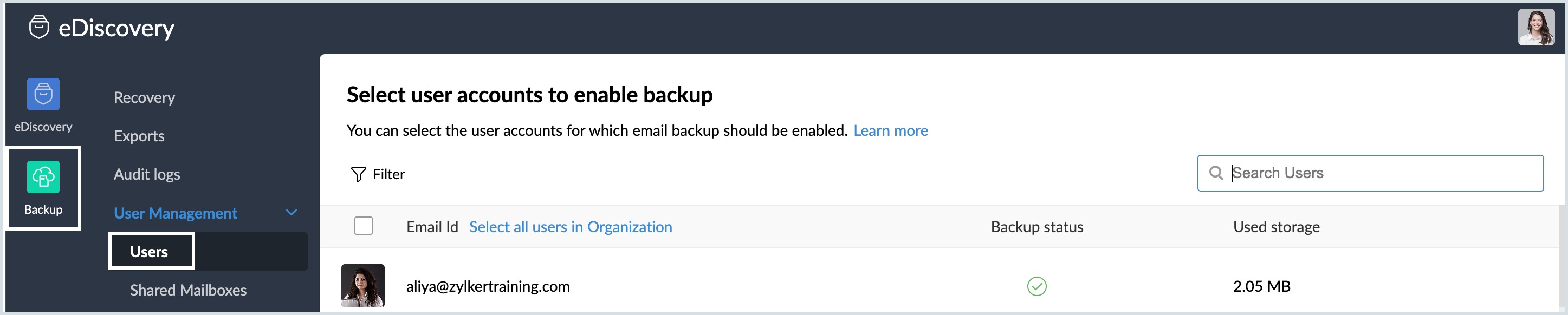 Email backup for users manage users for email backup