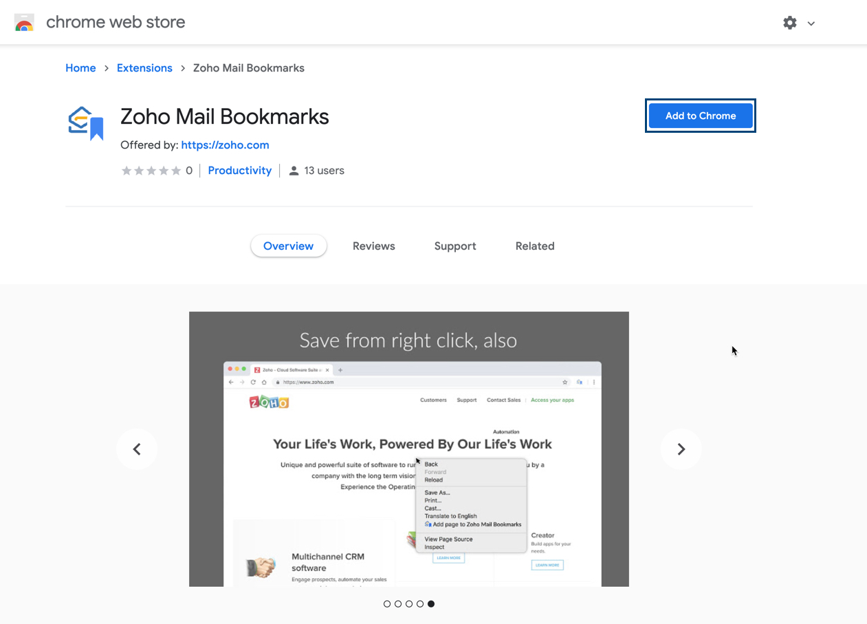 Google Chrome用Zoho Mail Bookmarks