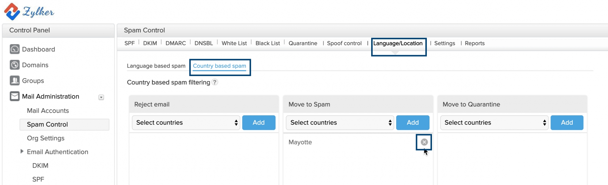 特定の国からの組織へのメールをブロックする