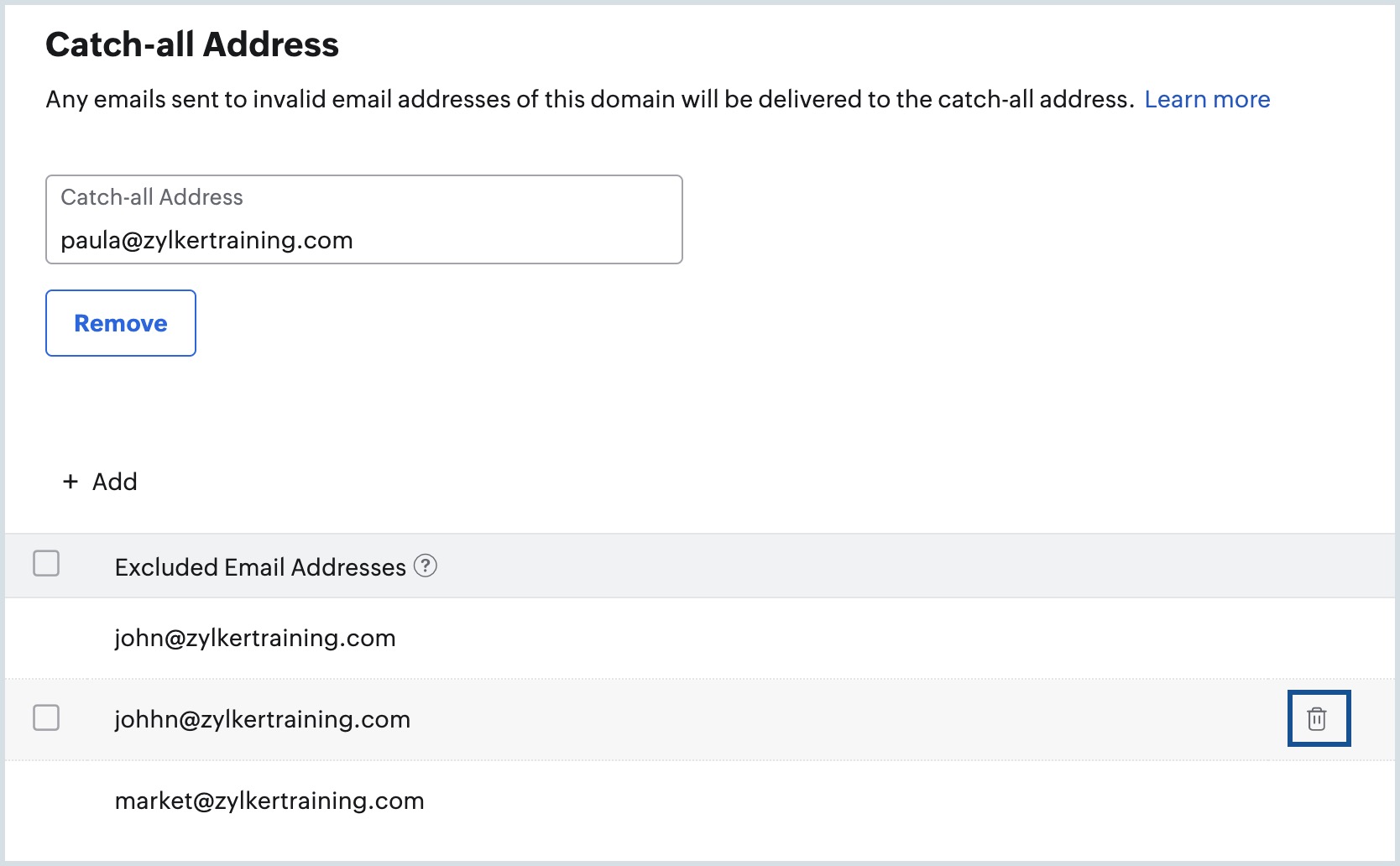 Deleting excluded email address delete excluded email address